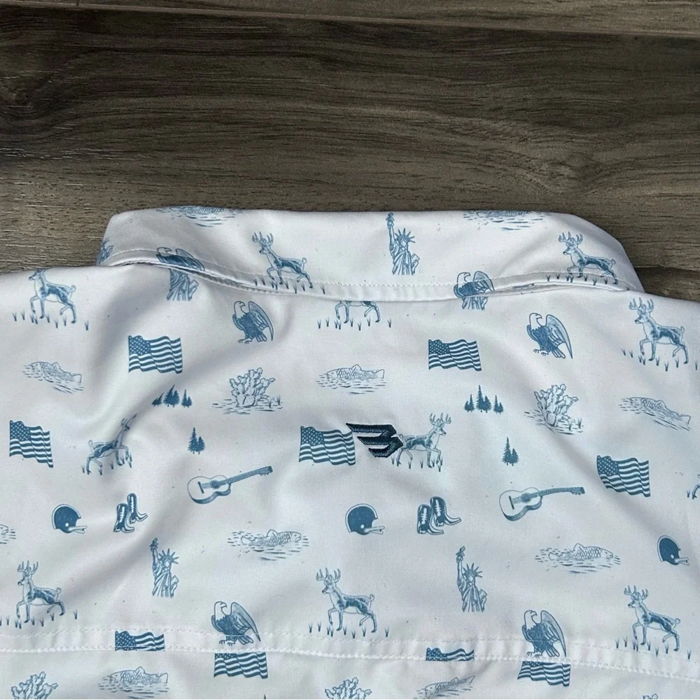 Burlebo Shirt Men’s 2XL White Blue Button Up Stretch American All Over Print - Picture 6 of 9